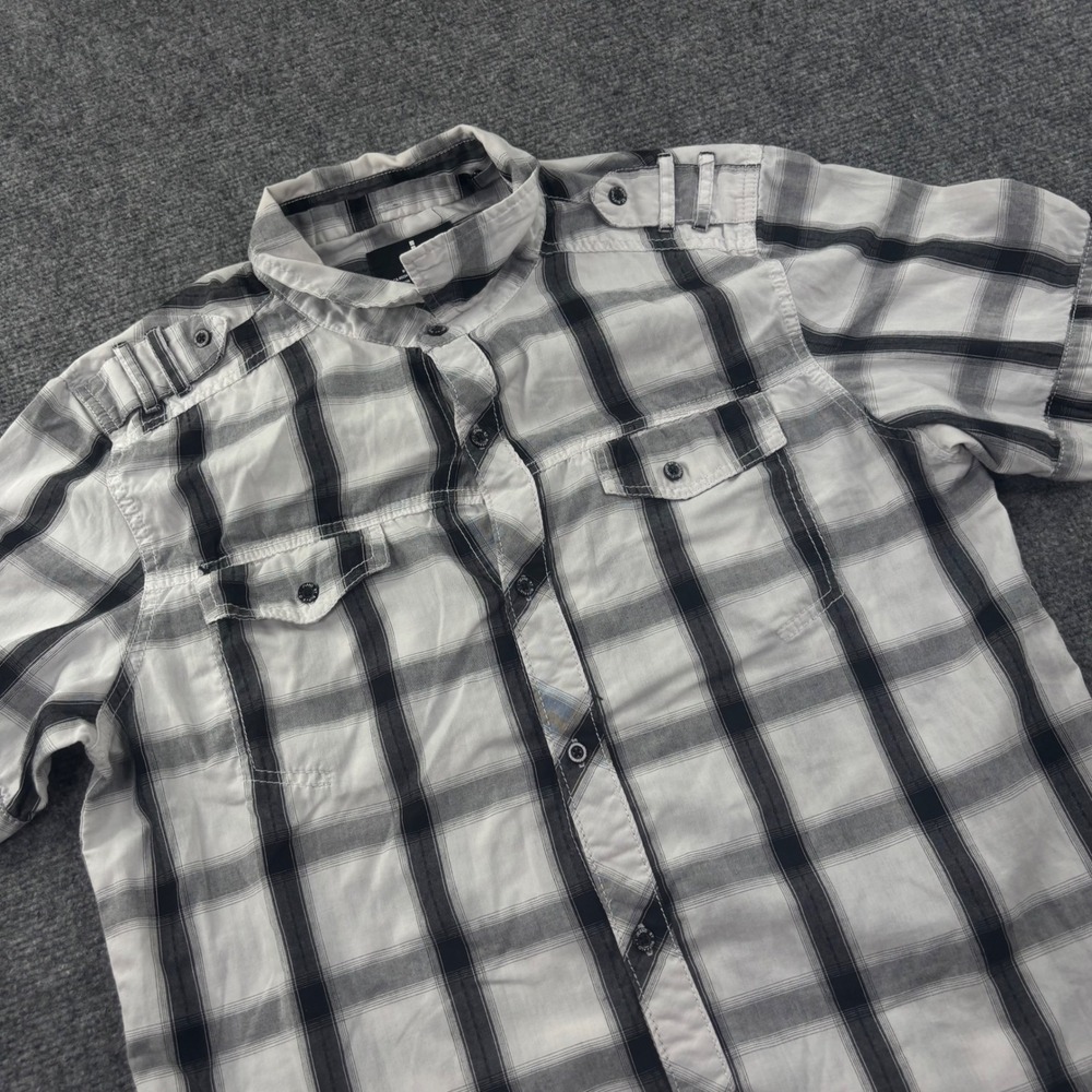 i Jeans by Buffalo Button Up Shirt Large White Black Plaid Epaulettes Mens